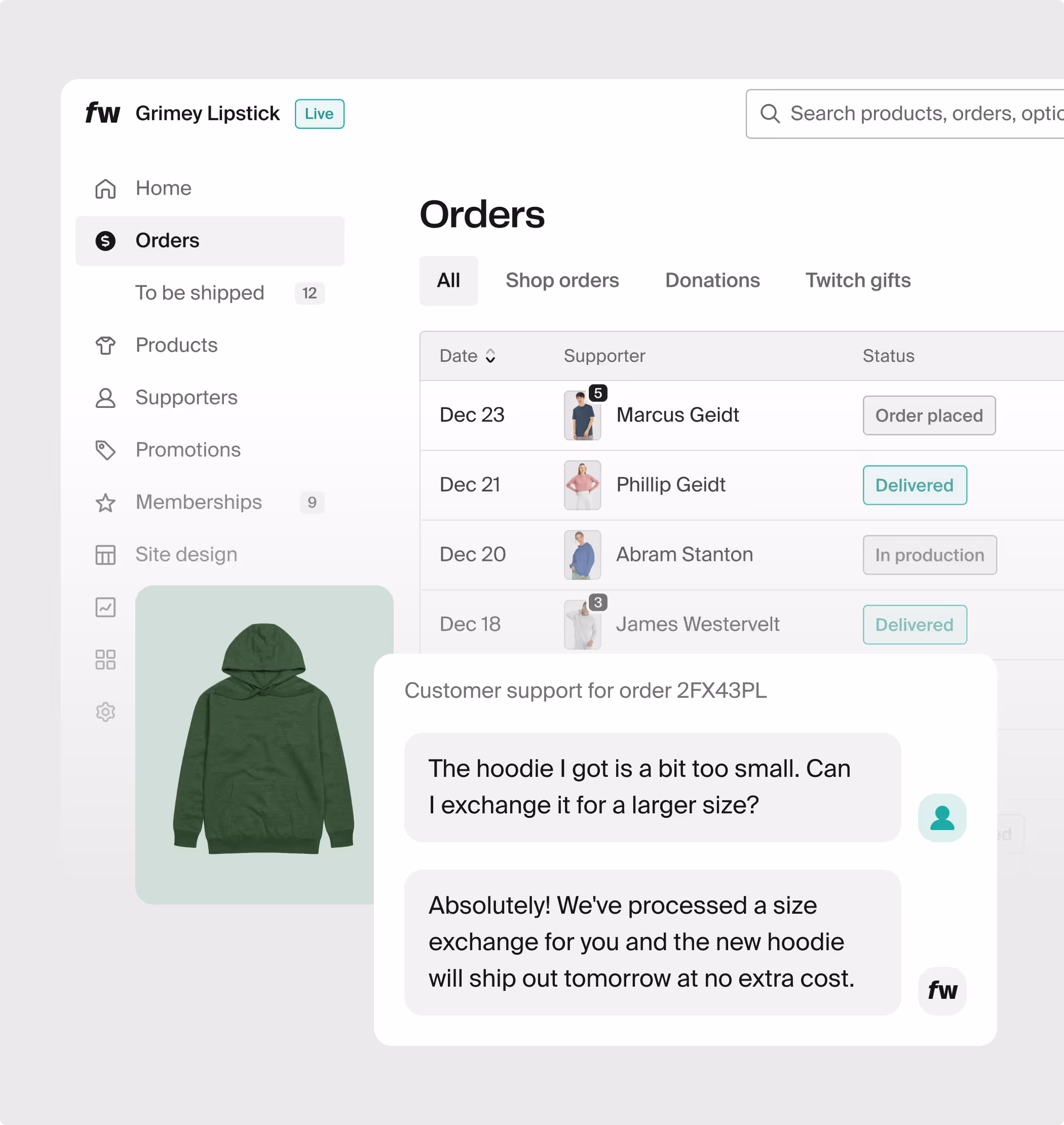 A preview of the Fourthwall dashboard