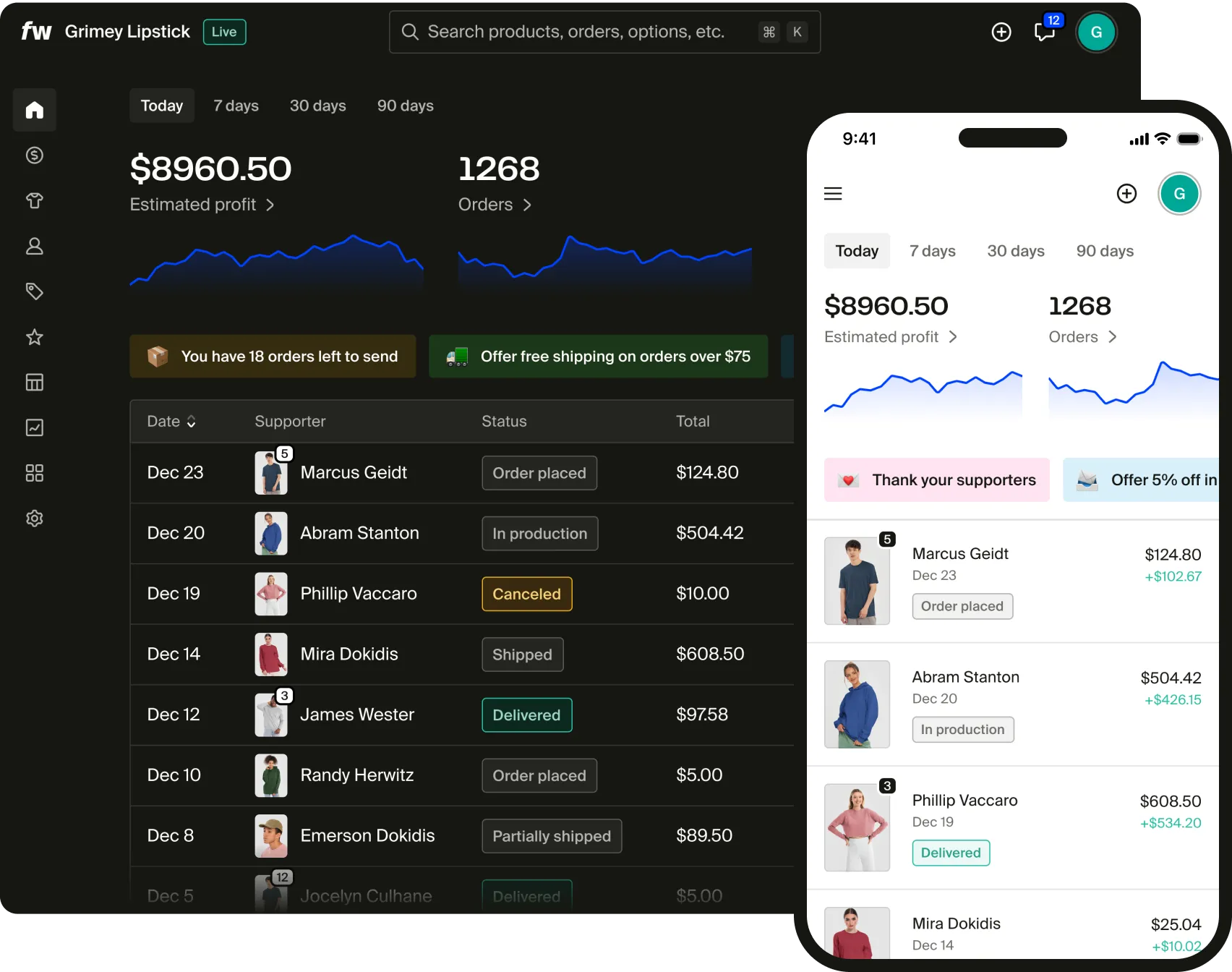 A preview of the Fourthwall dashboard's analytics section