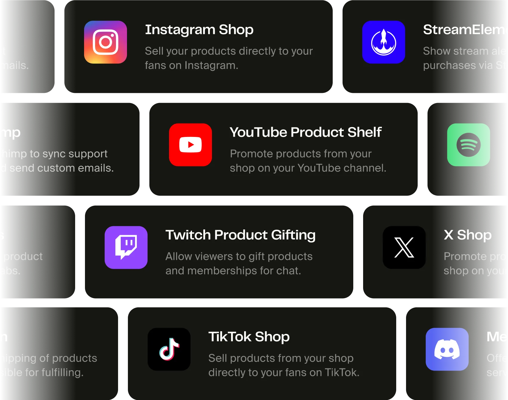 An image showing different apps and integrations Fourthwall offers