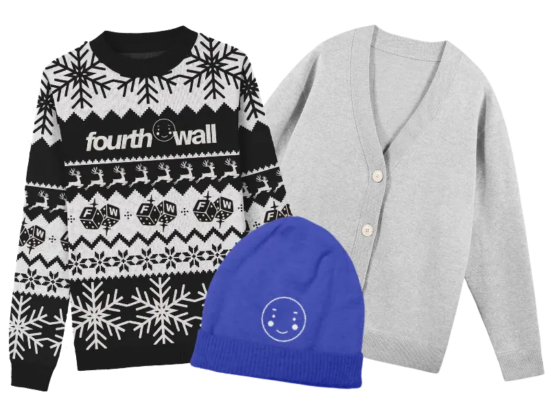An image of different knit products in the Fourthwall catalog, a custom cardigan, a custom ugly sweater, and a custom beanie
