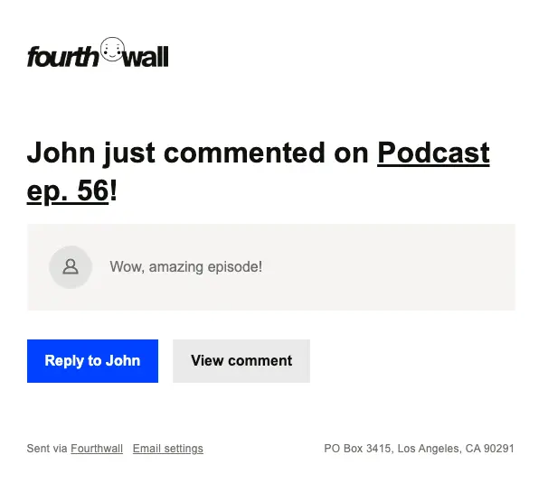 A screenshot of an email notification about a new comment on a post the creator made