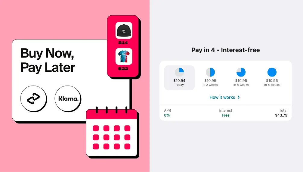 A screenshot of Buy Now Pay Later showing you pay for a purchae over 4 interest free payments