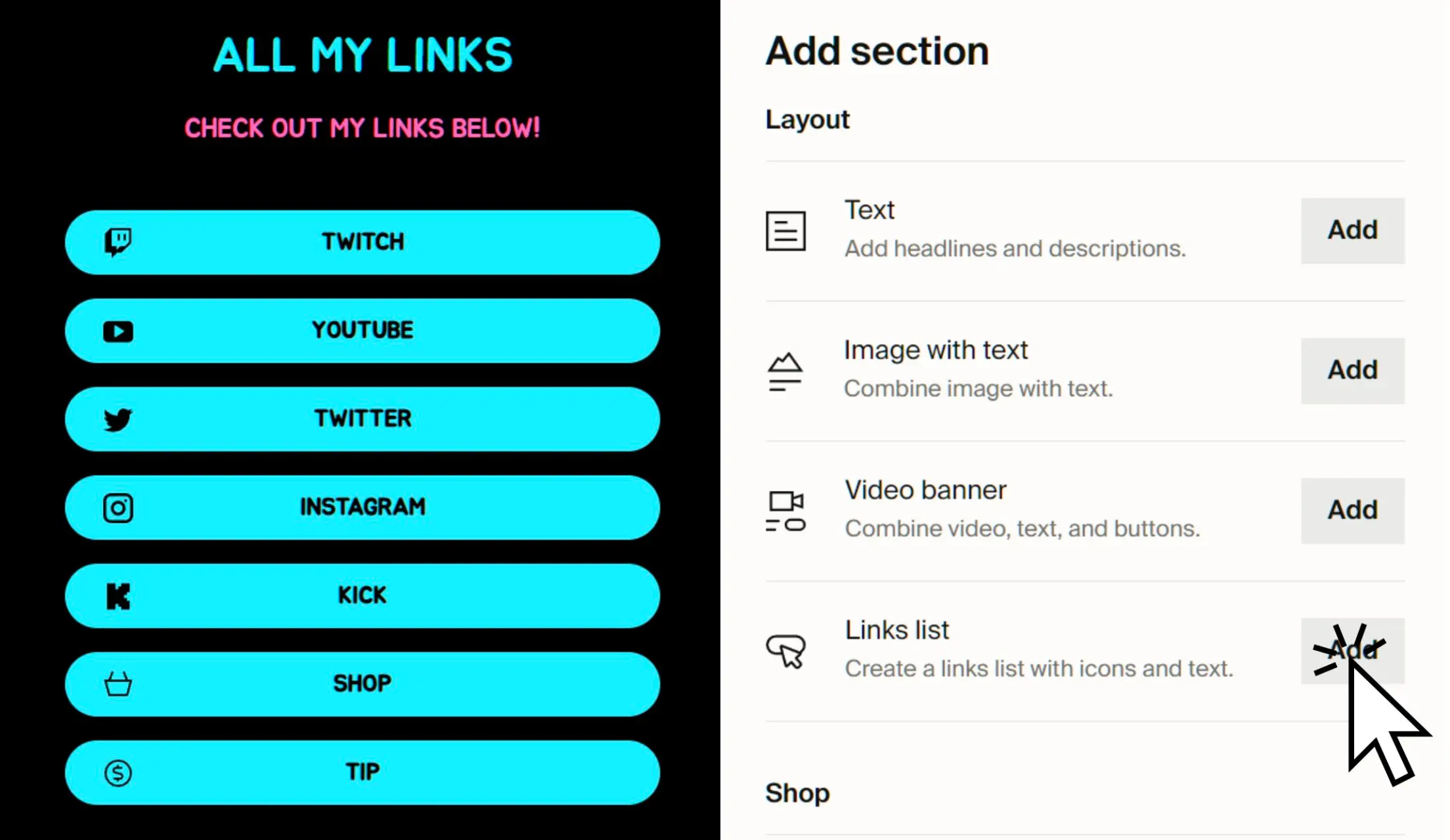 Screenshot showing an example of the new links list as well as the "new section" screen from the Fourthwall site designer where you add links list from