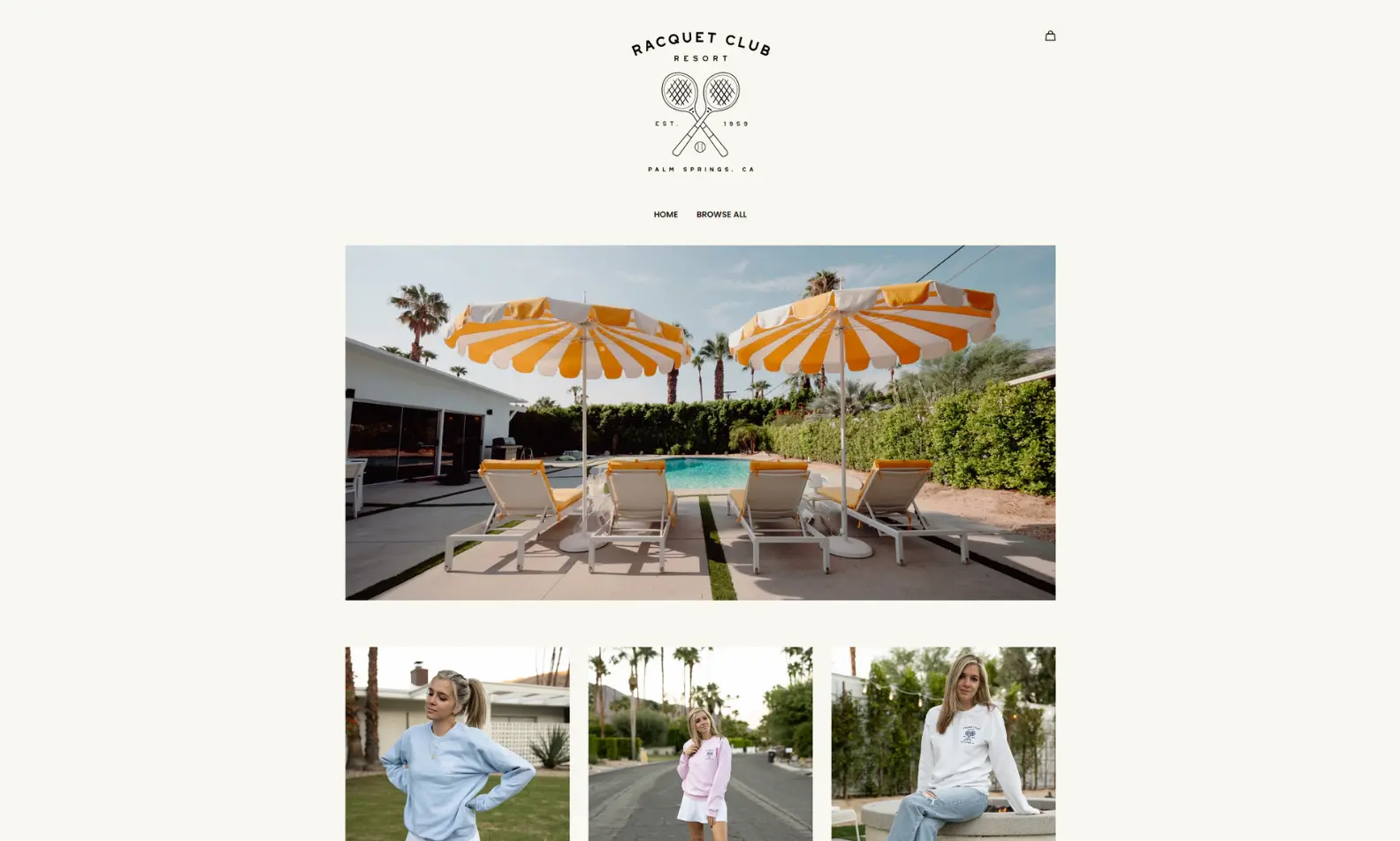 The Racquet Club Resort storefront, featuring a photo of a pool and pastel colored products