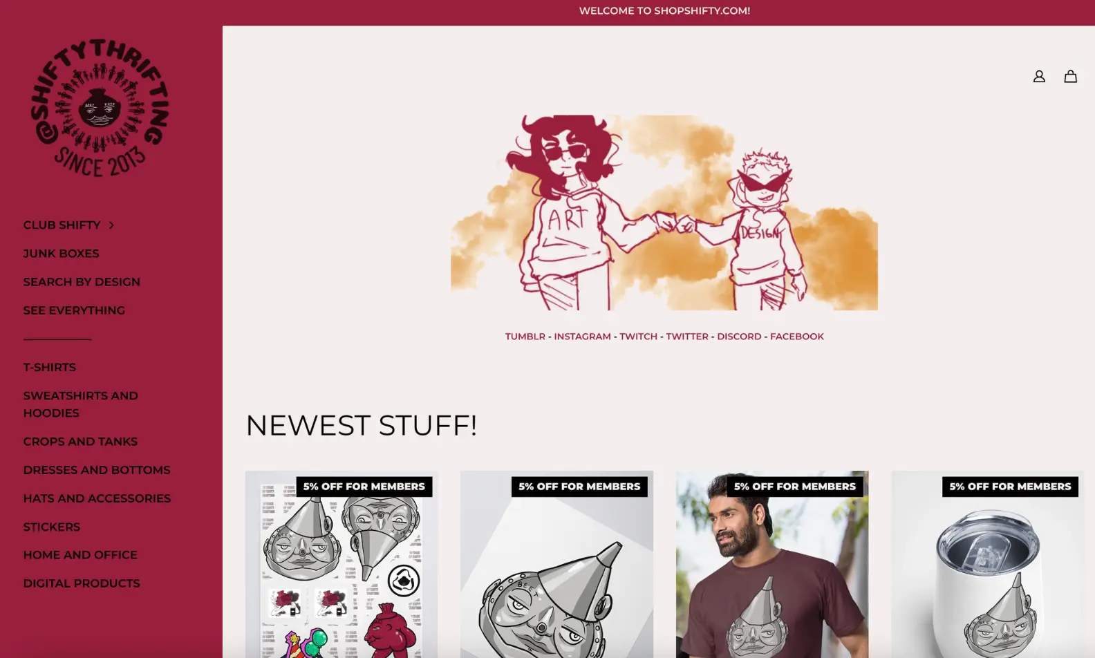 The Shifty Thrifting storefront, featuring original designs on stickers, shirts, posters, and a tumbler, including members-only discounts