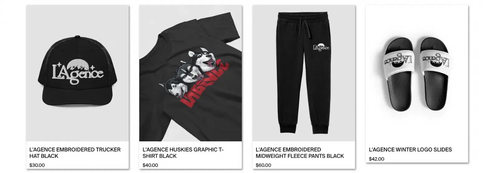 A hat, a shirt, fleece pants, and sliders from L'Agence's December 2022 drop