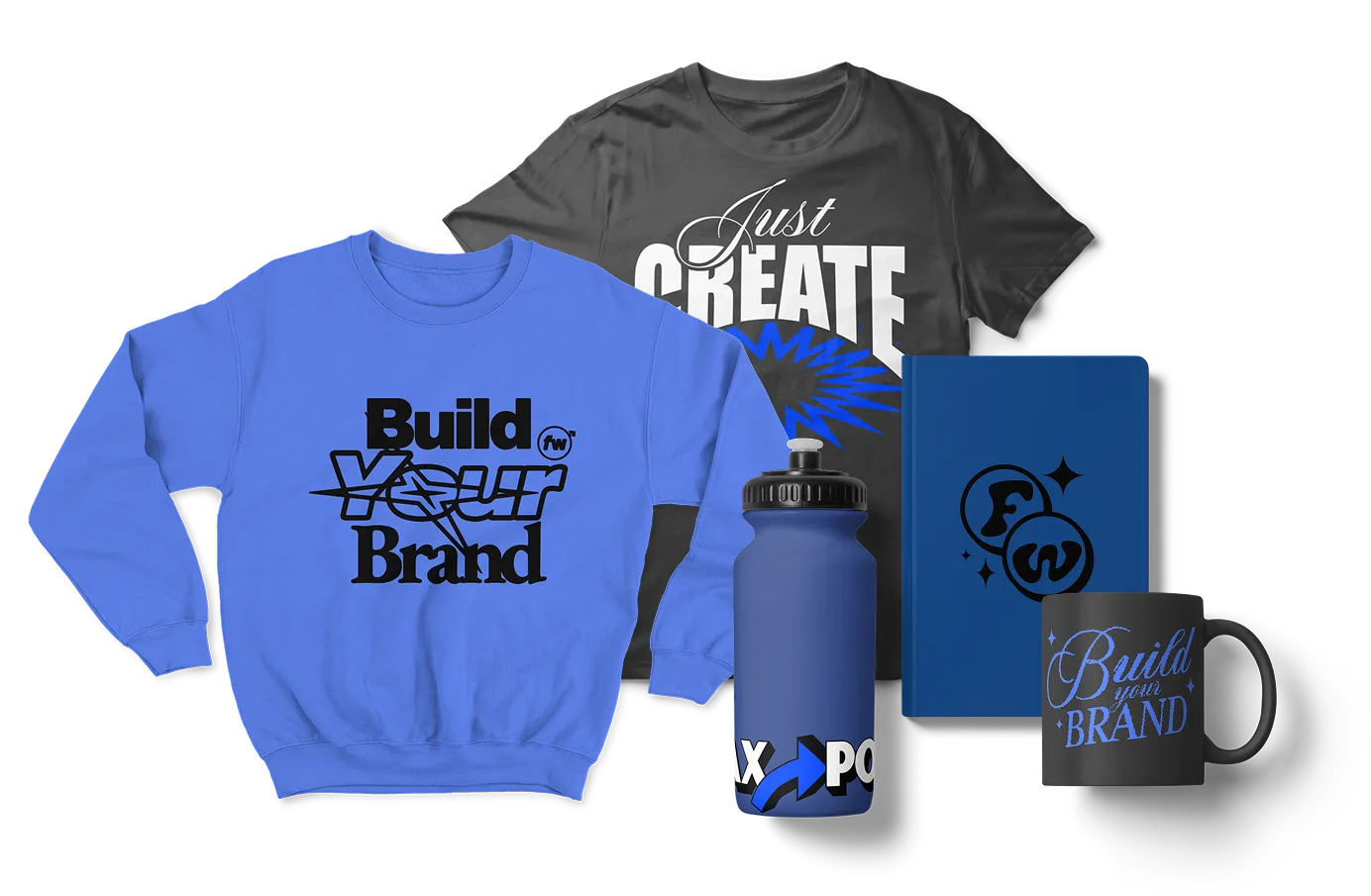 An image of different products in the Fourthwall catalog, including a hat, sweatshirt, t-shirt, phone case, journal, and waterbottle