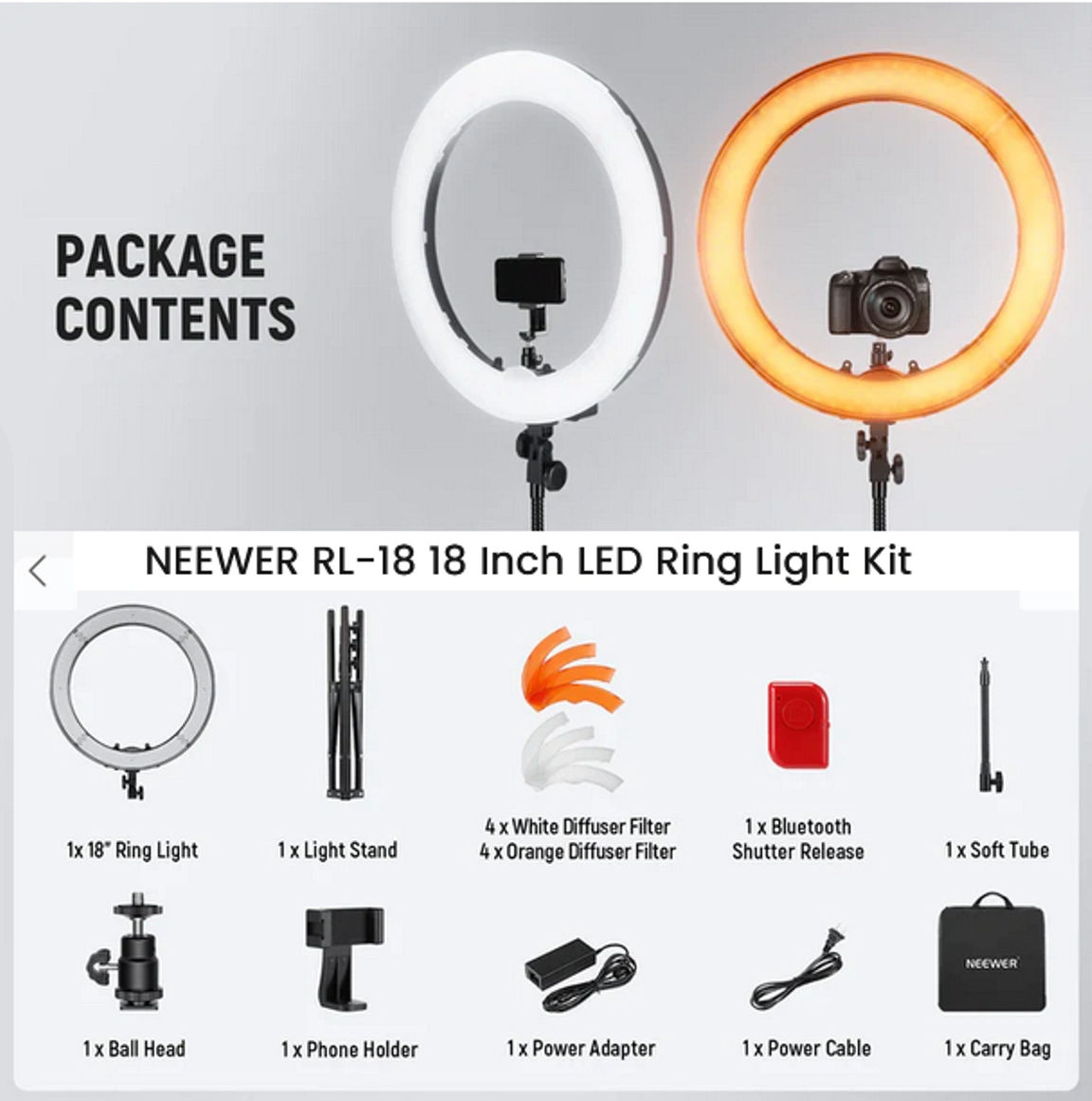 Neewer Ring Light Kit showing all components included