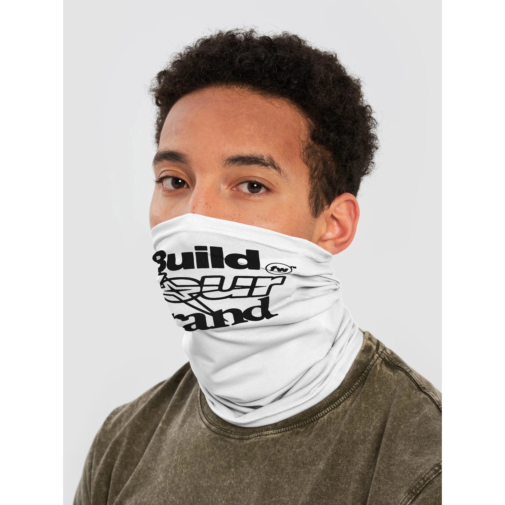 model wearing a face mask that is Fourthwall branded