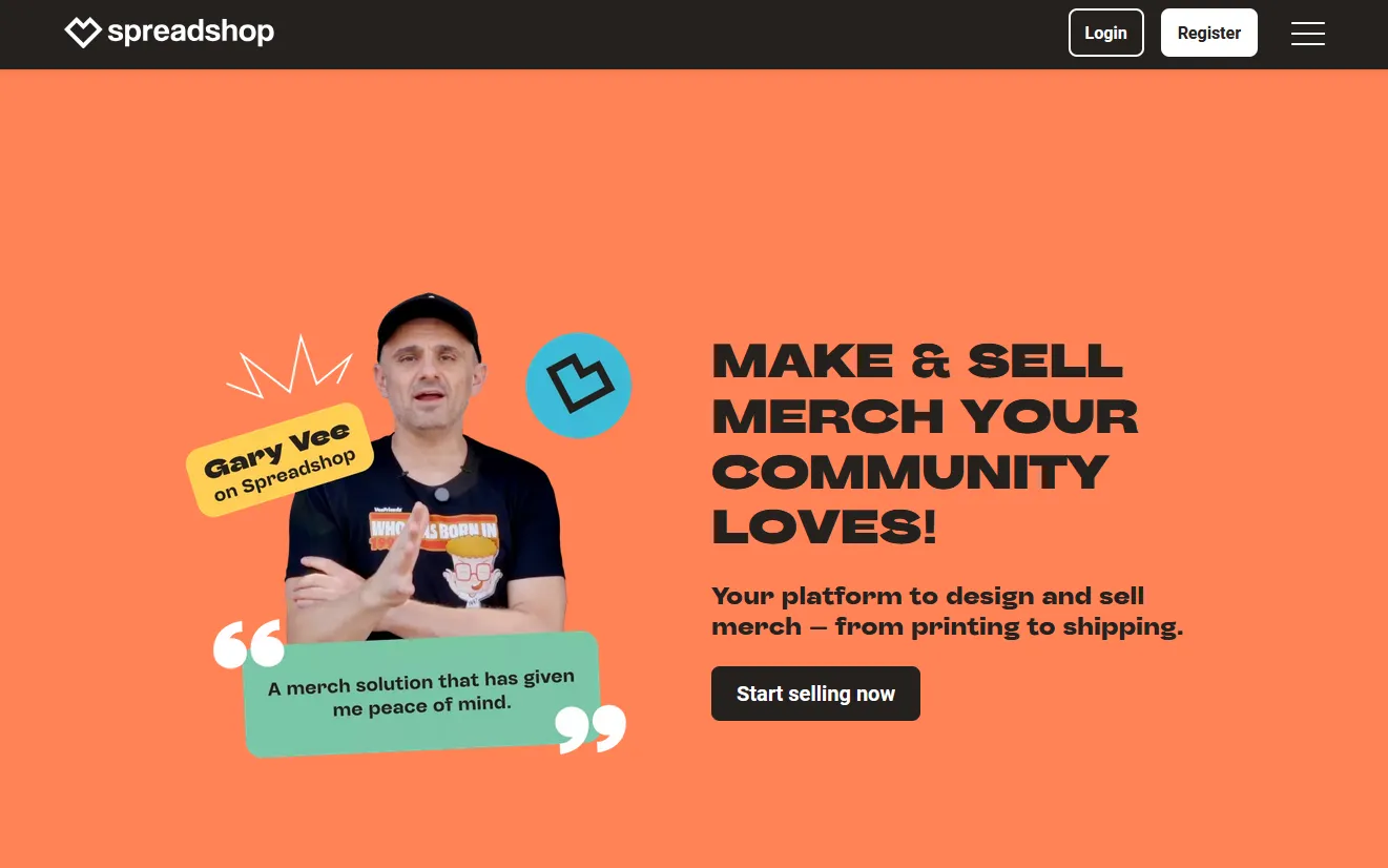 Front page of Spreadshop site