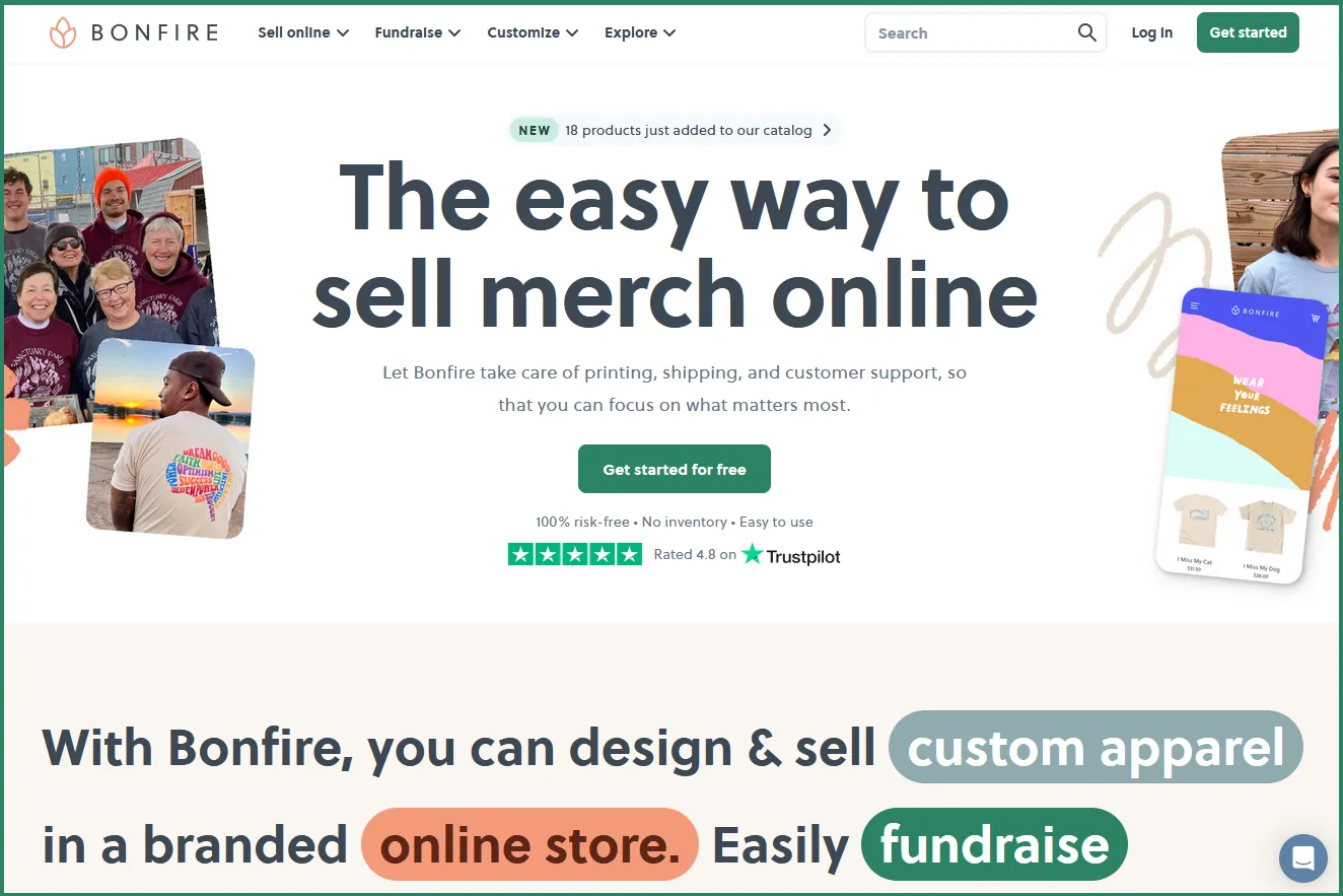 Front page of Bonfire site showing how to sell merch