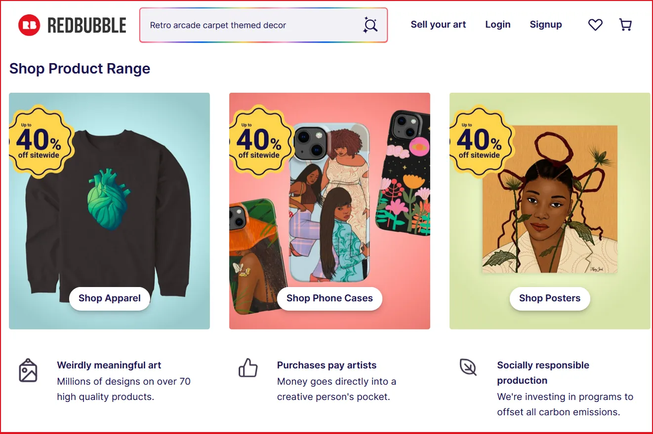 Redbubble site showing part of their product range
