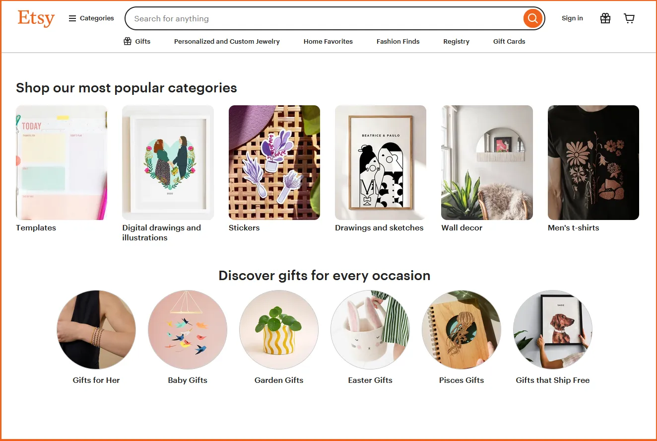 Etsy page showing popular categories