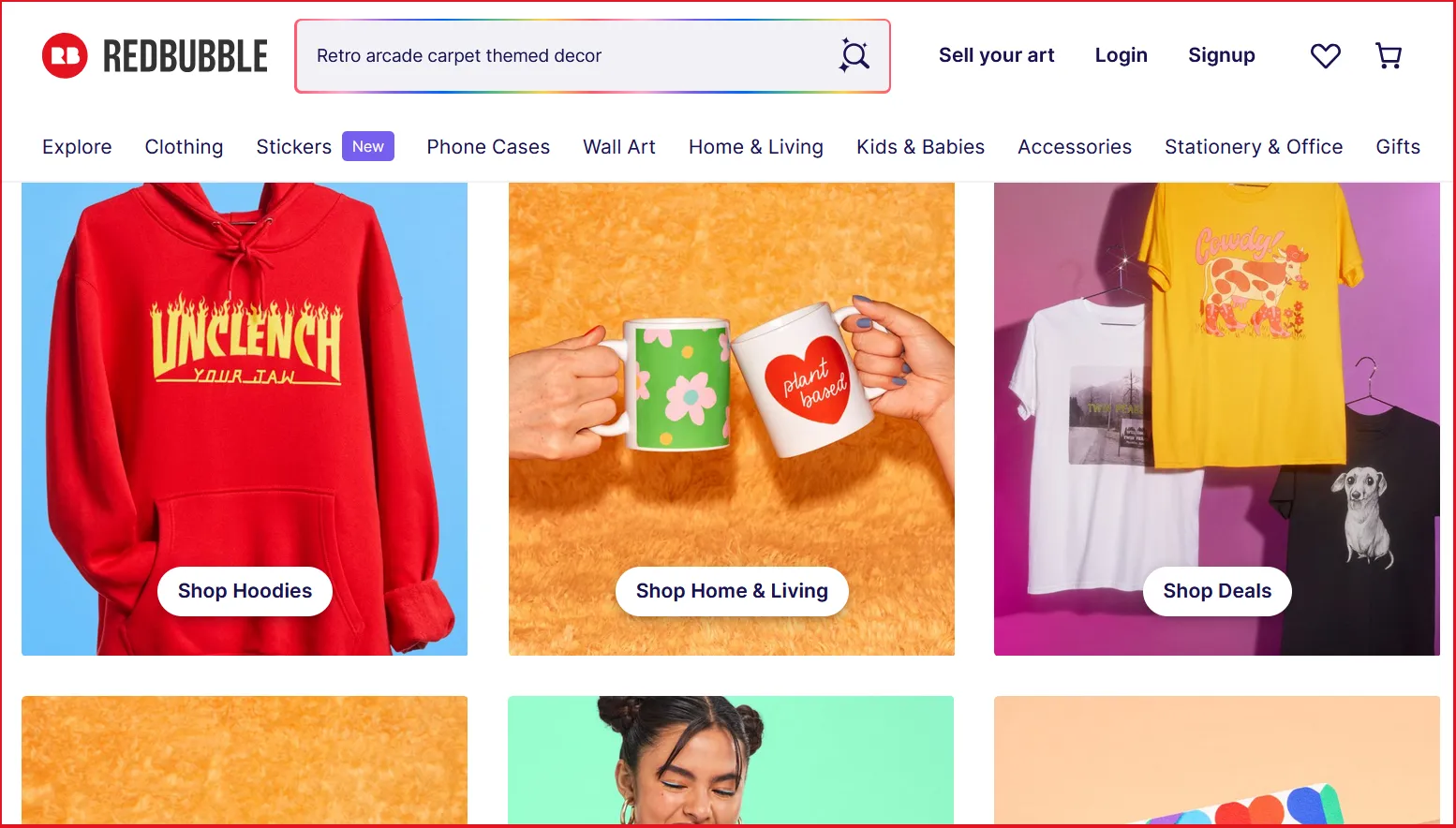 The front page of the Redbubble site