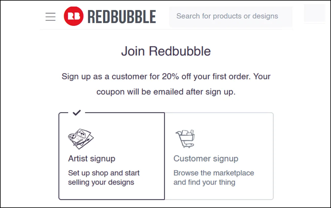 Image of Redbubble signup page