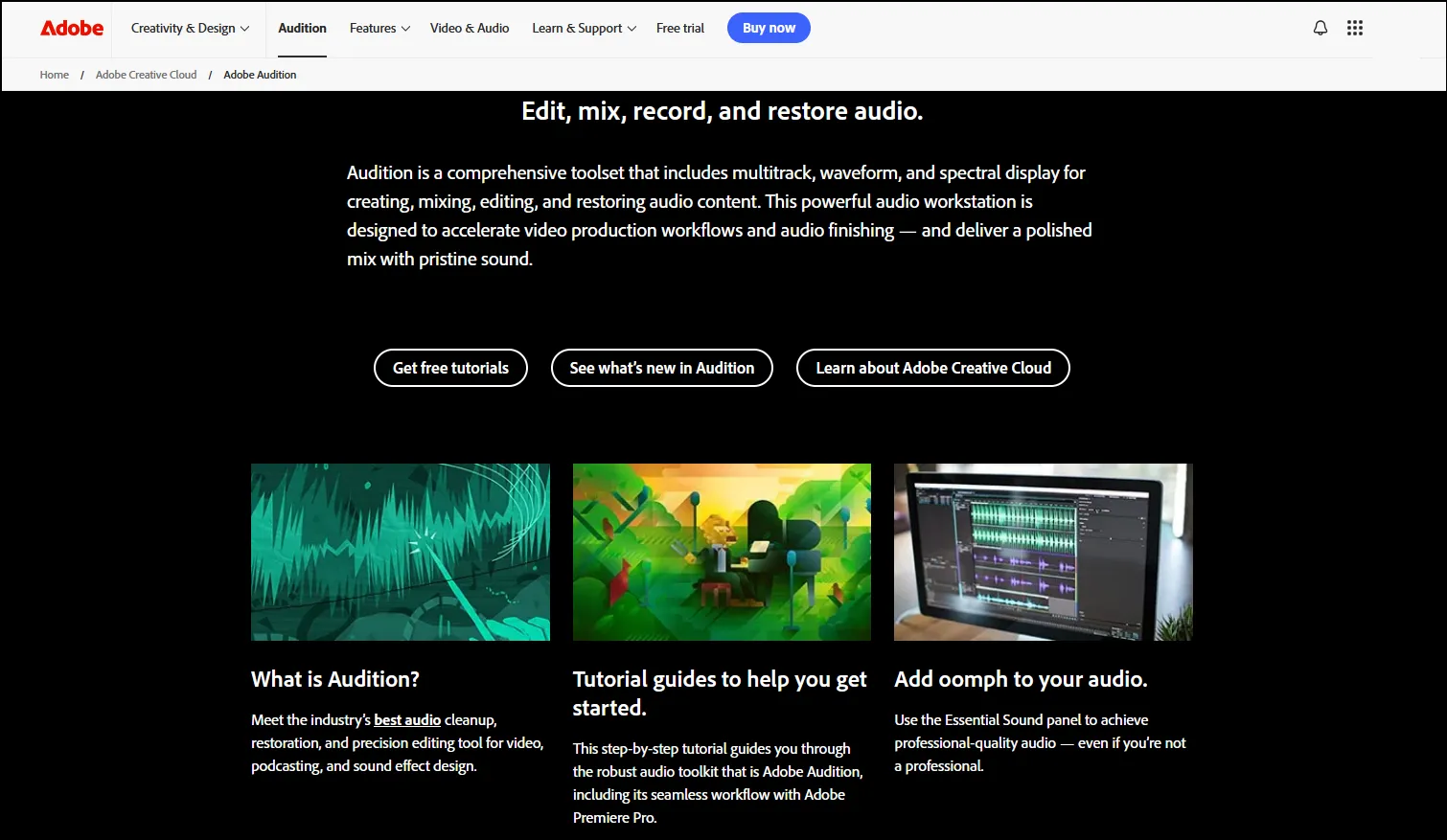 Adobe Audition audio editing software webpage